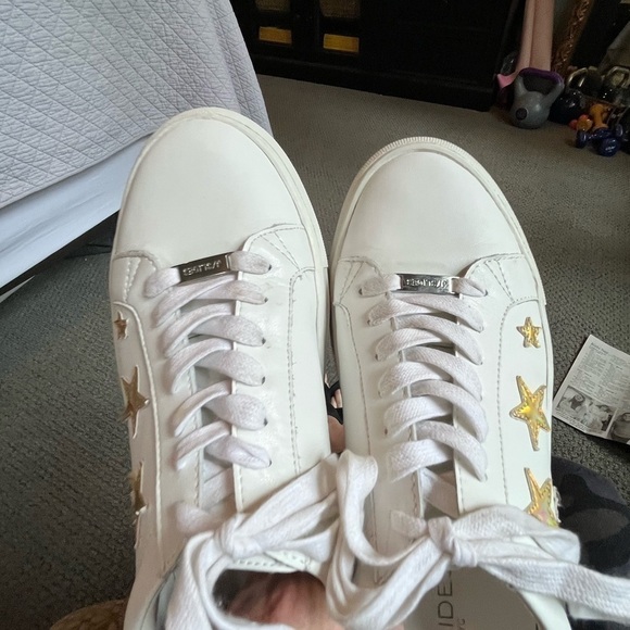 J/Slides NYC Womens Size 8.5 White Leather w Gold Stars - Picture 9 of 10